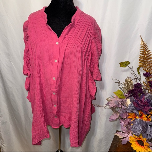 BiBi Tops - BIBI Pink Crinkle Gauze Button Front Boho Top Oversized Medium